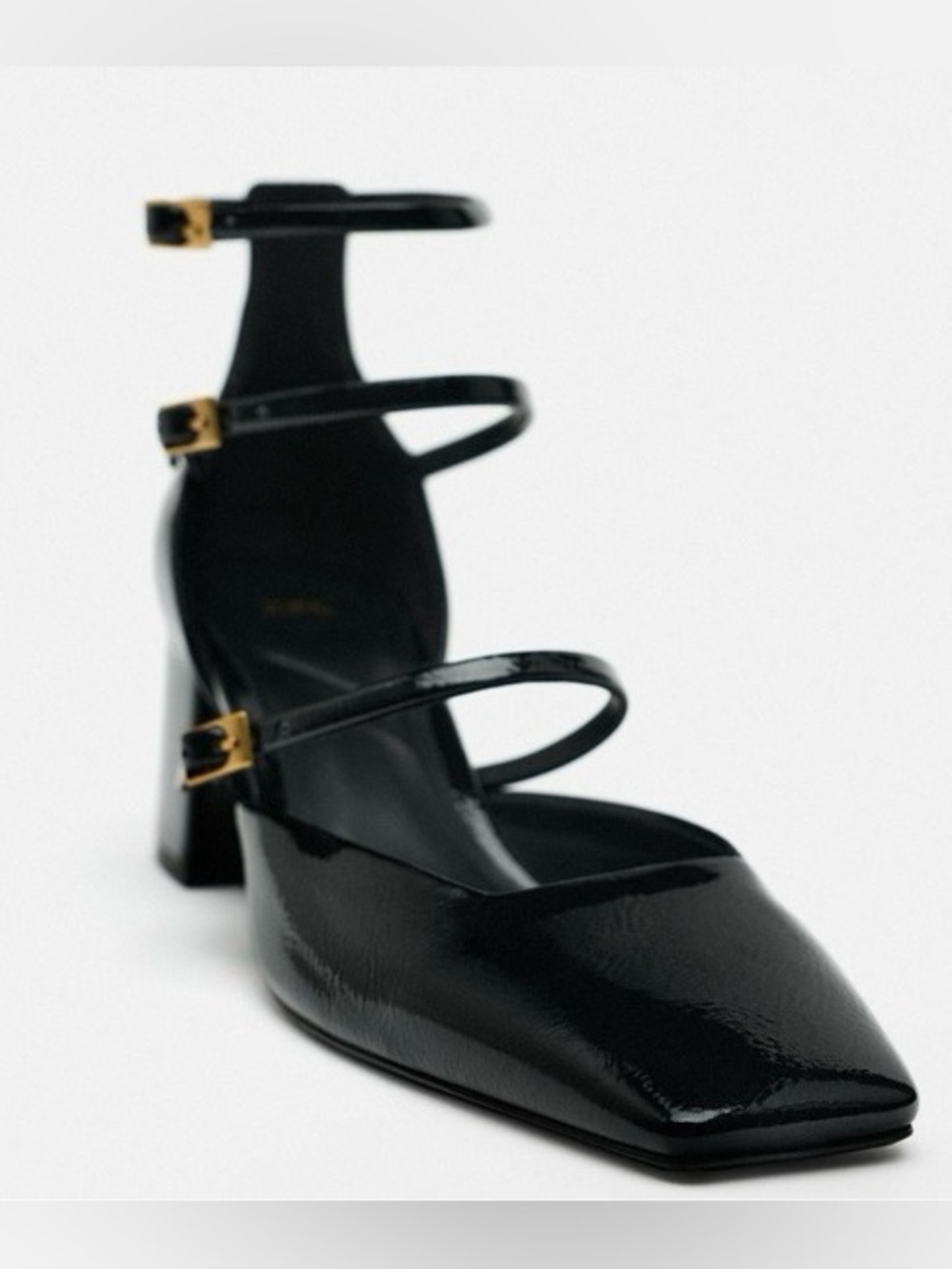 Zara triple-buckle black patent Mary Jane block heels